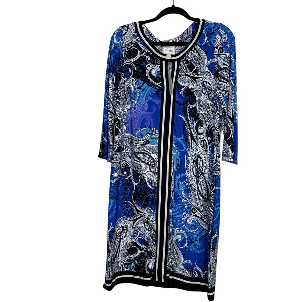 NWT Beige by ECI Blue &‎ Black Paisley print stretch 3/4 sleeve dress Size 10